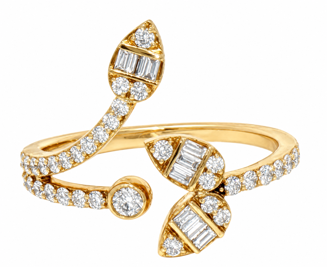 A yellow gold open wrap ring adorned with multiple diamonds, featuring baguette-cut and round-cut stones set in leaf-like curved sections on a plain white background.