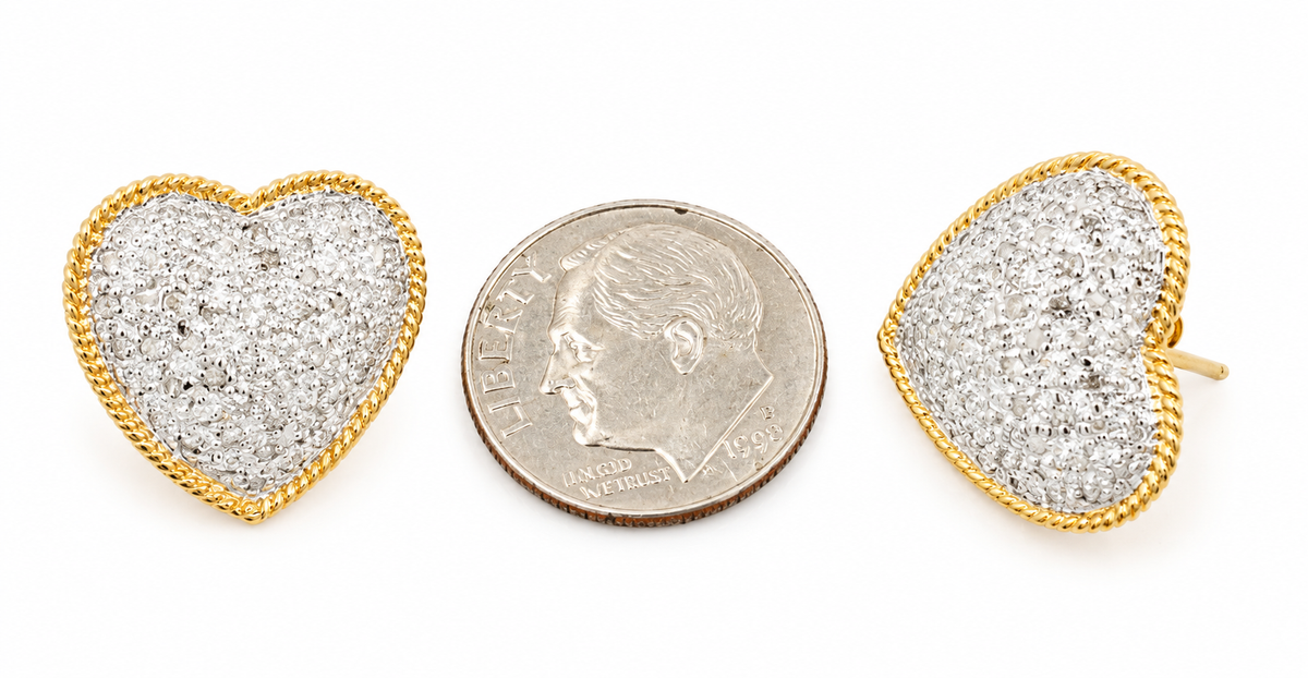 Estate Yellow & White Gold Diamond Love/Heart Earrings: two heart studs with diamond pavé and rope-textured gold borders.