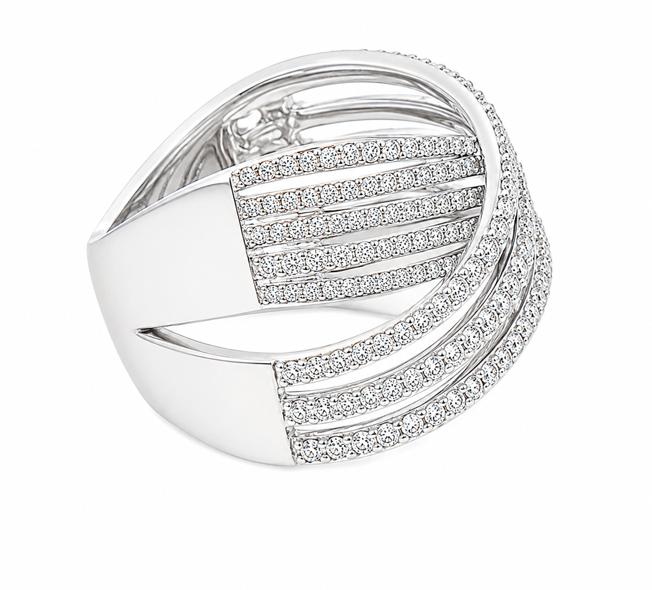 Venetti 18K Criss Cross Multi-Row Diamond Band: overlapping, resizable silver bands—perfect for custom jewelry fans.