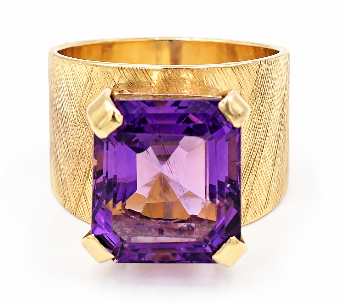 Kent Island Jewelry Estate 14k Yellow Gold Amethyst Gemstone Wide/Thick Textured Band ring with a large, purple rectangle.