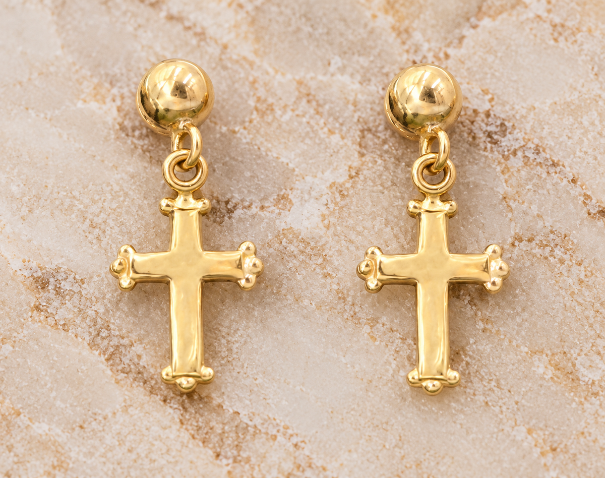 Estate 14k Yellow Gold Cross Dangle/Drop Earrings with spherical posts.