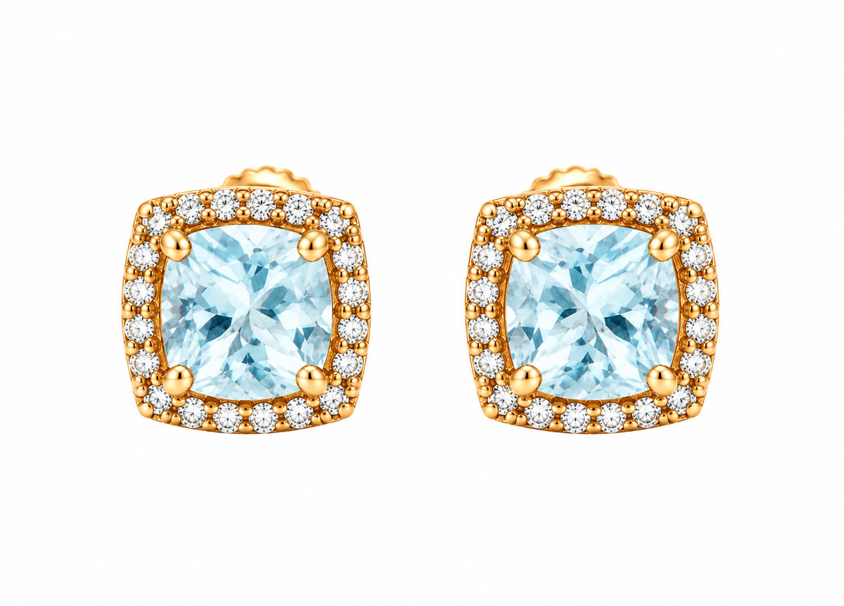Estate 10K gold cushion-cut aquamarine halo studs by Kent Island Jewelry—elegant earrings for any occasion.
