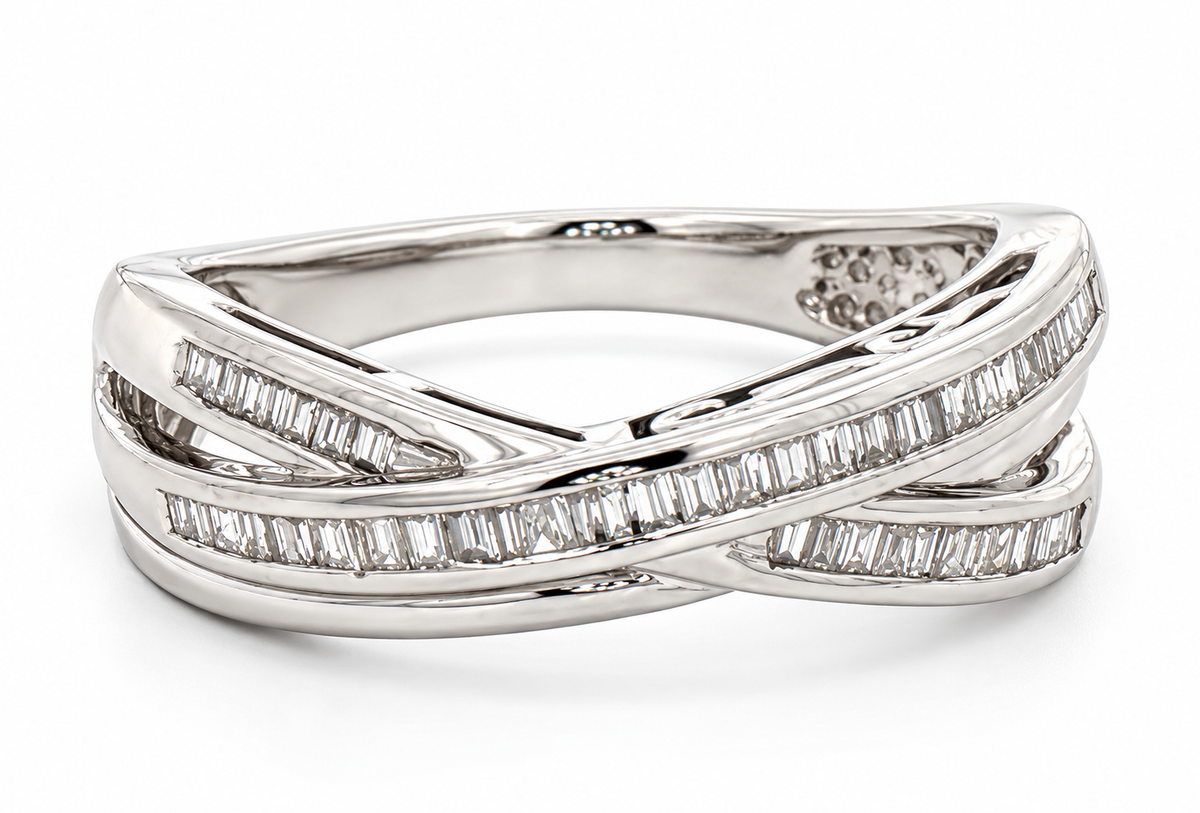 Kent Island Jewelry 10K White Gold Diamond Crossover Ring with sparkling rectangular baguette diamond rows.