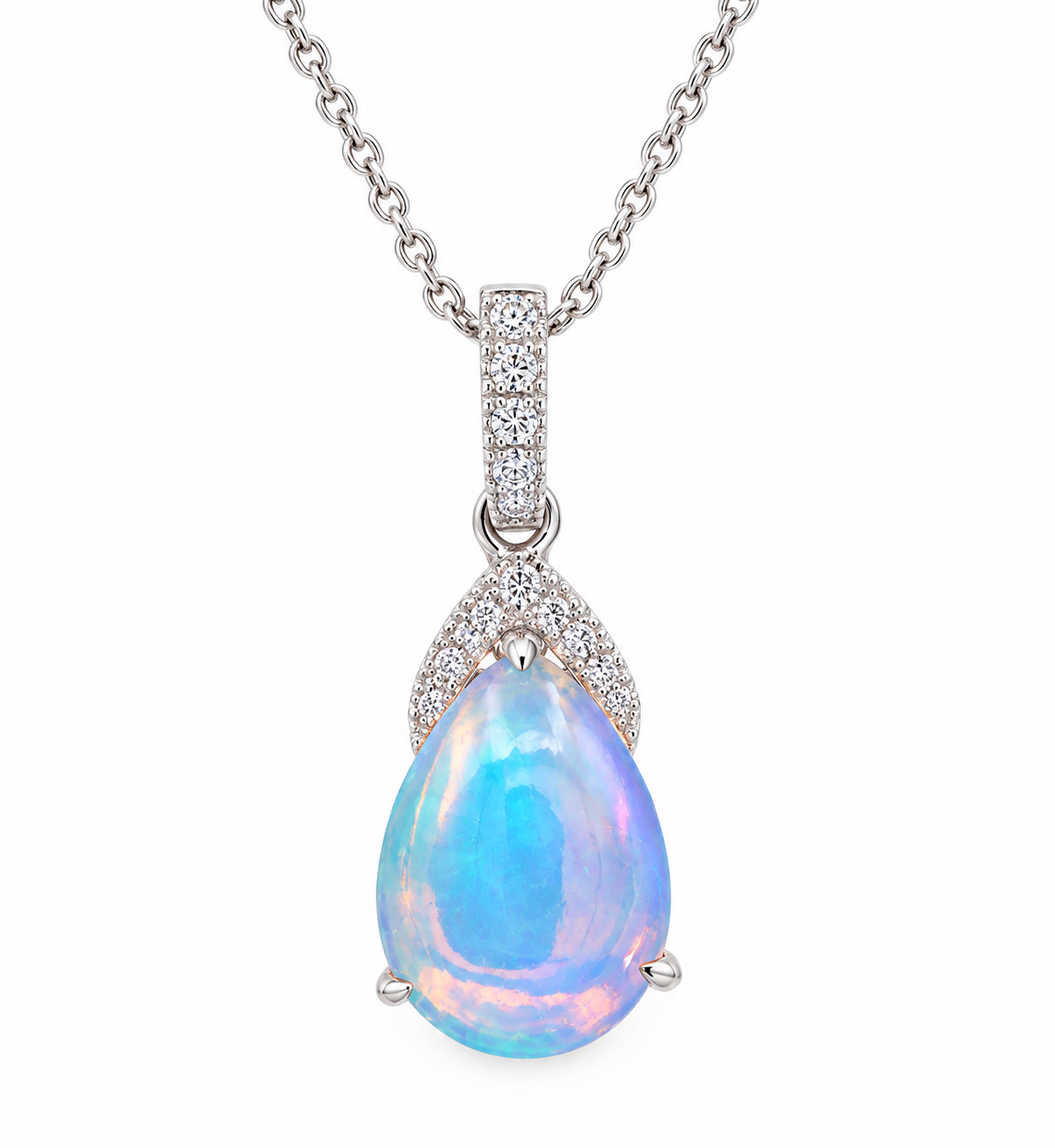 David Kord 18K white gold pear-shape opal & diamond pendant necklace in an elegant curved setting.