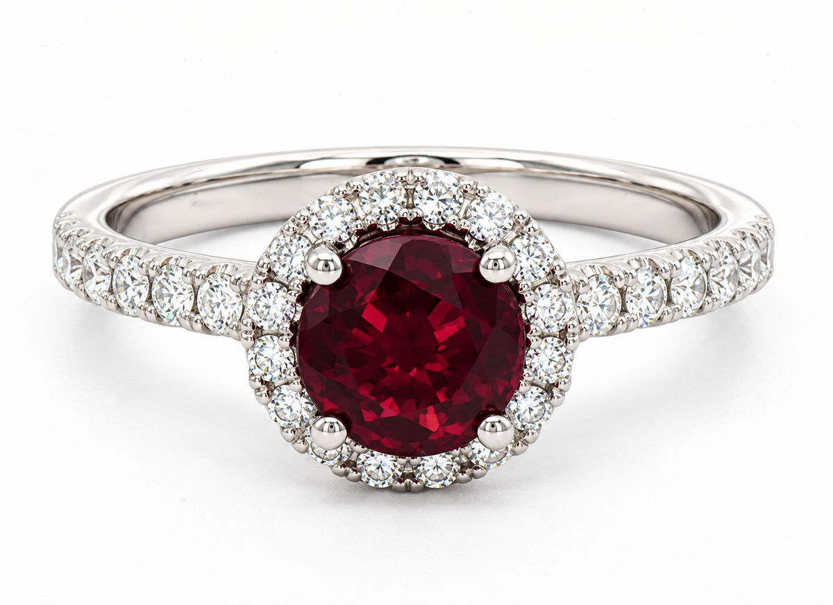 Kent Island Jewelry’s 14K white gold ring features a January garnet center with diamond halo and band accents.