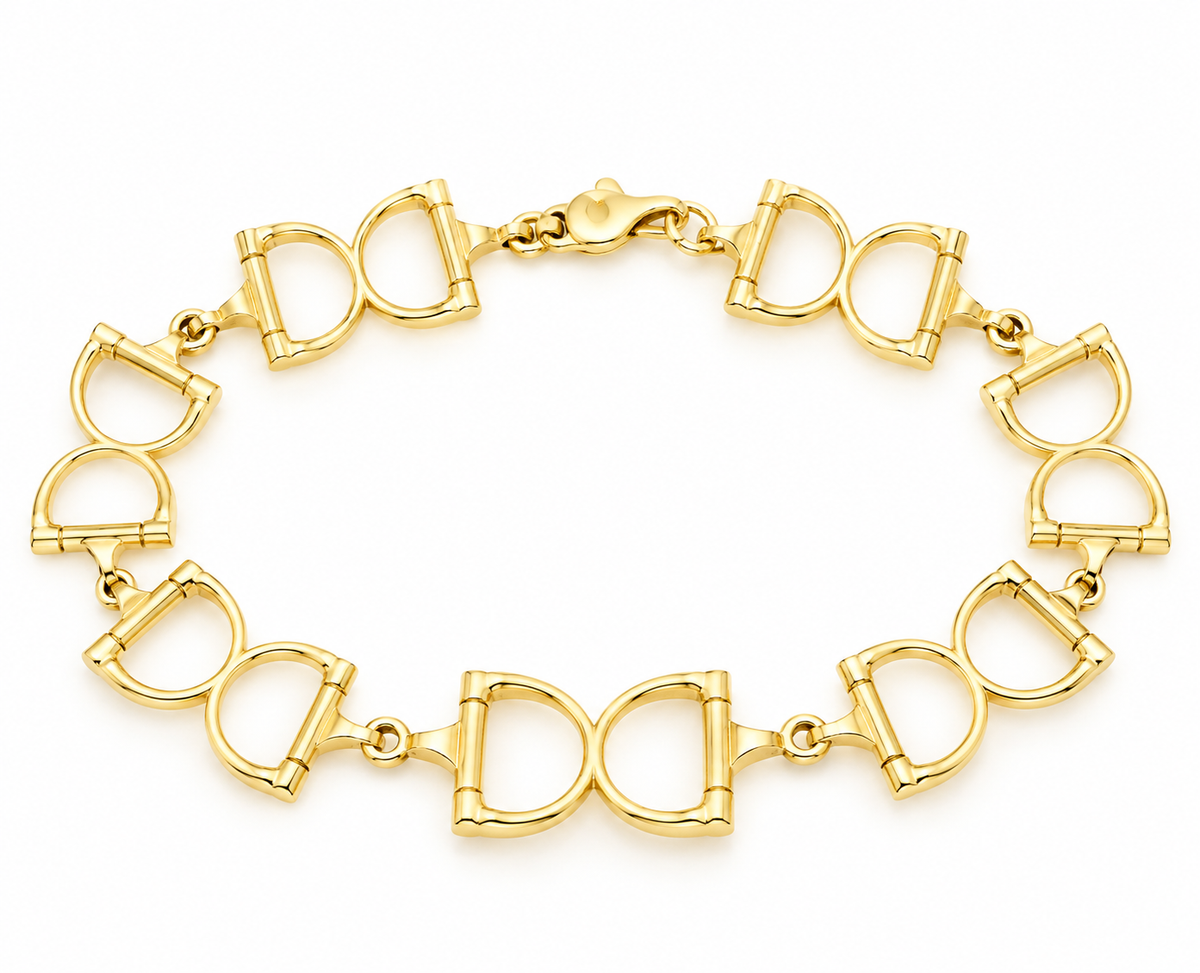 Estate 14k Yellow Gold Horse Bit Equestrian Chain Link Bracelet with repeating links and a lobster claw clasp.