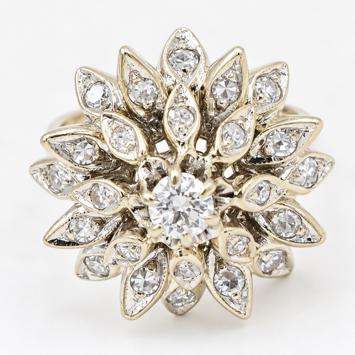 Kent Island Jewelry Estate 14k White Gold Diamond Cluster Flower Starburst Ring featuring a starburst-shaped cluster.