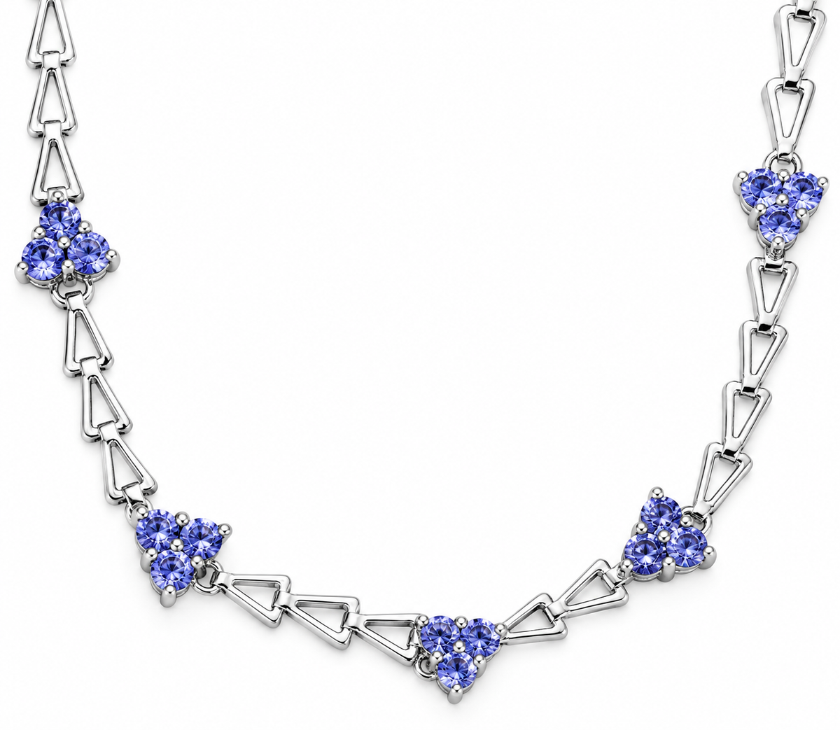 Estate 10k White Gold Tanzanite Gemstone Chain Link Bracelet with clusters of three round violet tanzanite gemstones.
