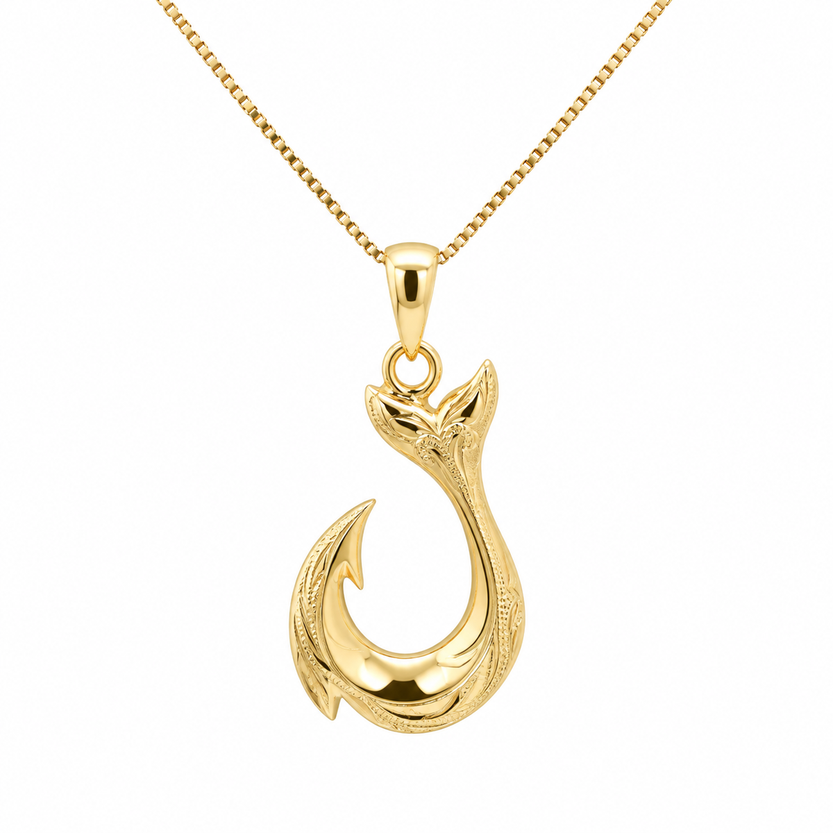 Kent Island Jewelry Estate 14K YG Fish Hook Pendant with engraved details on a fine chain, shown on white.