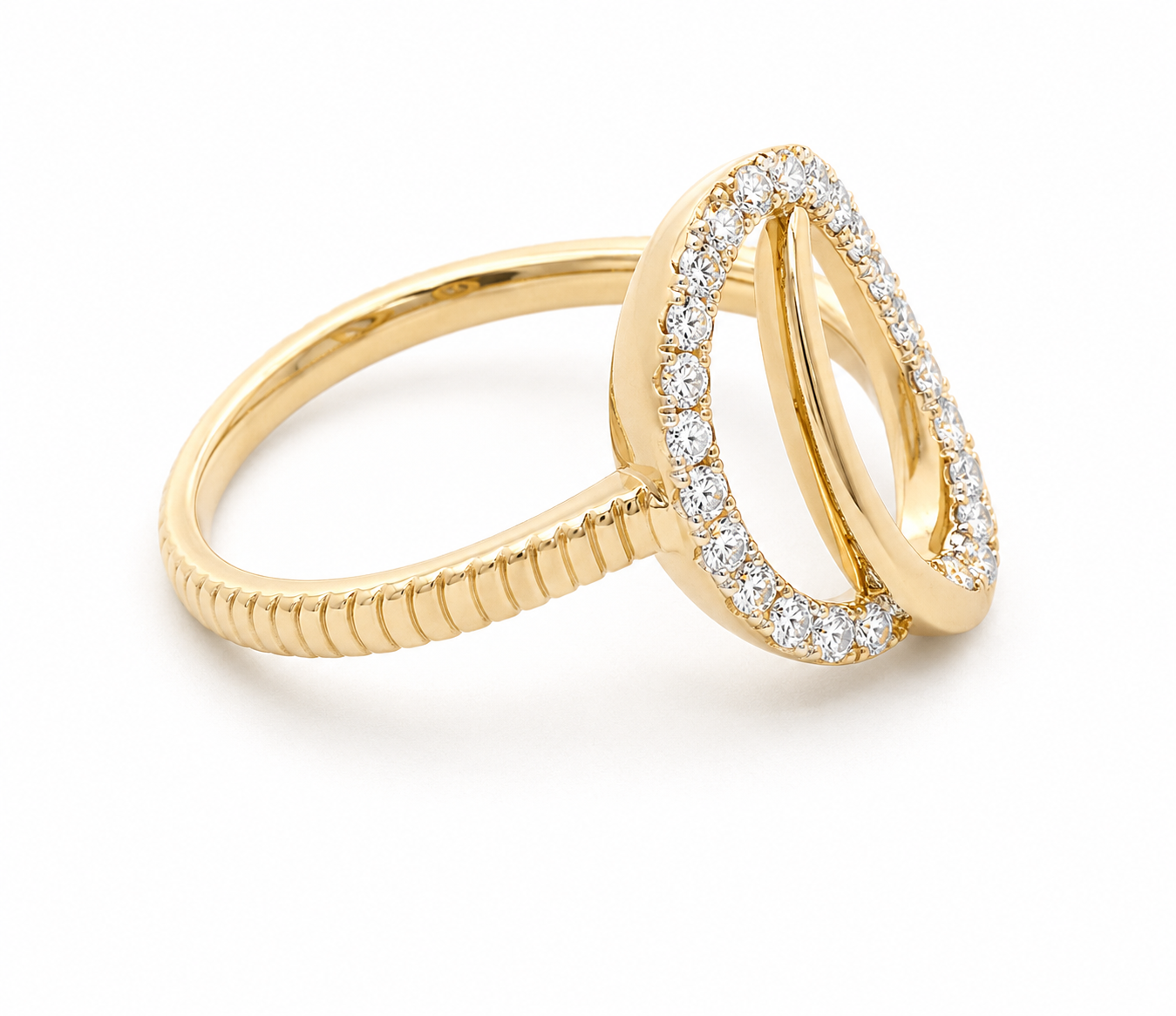Roman & Jules 14K Yellow Gold Diamond Fashion Ring features a textured band and open oval with sparkling diamonds.