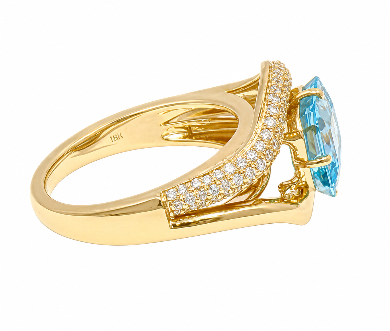 Kent Island Jewelry 18K yellow gold ring with emerald-cut aquamarine and small diamonds on white background.