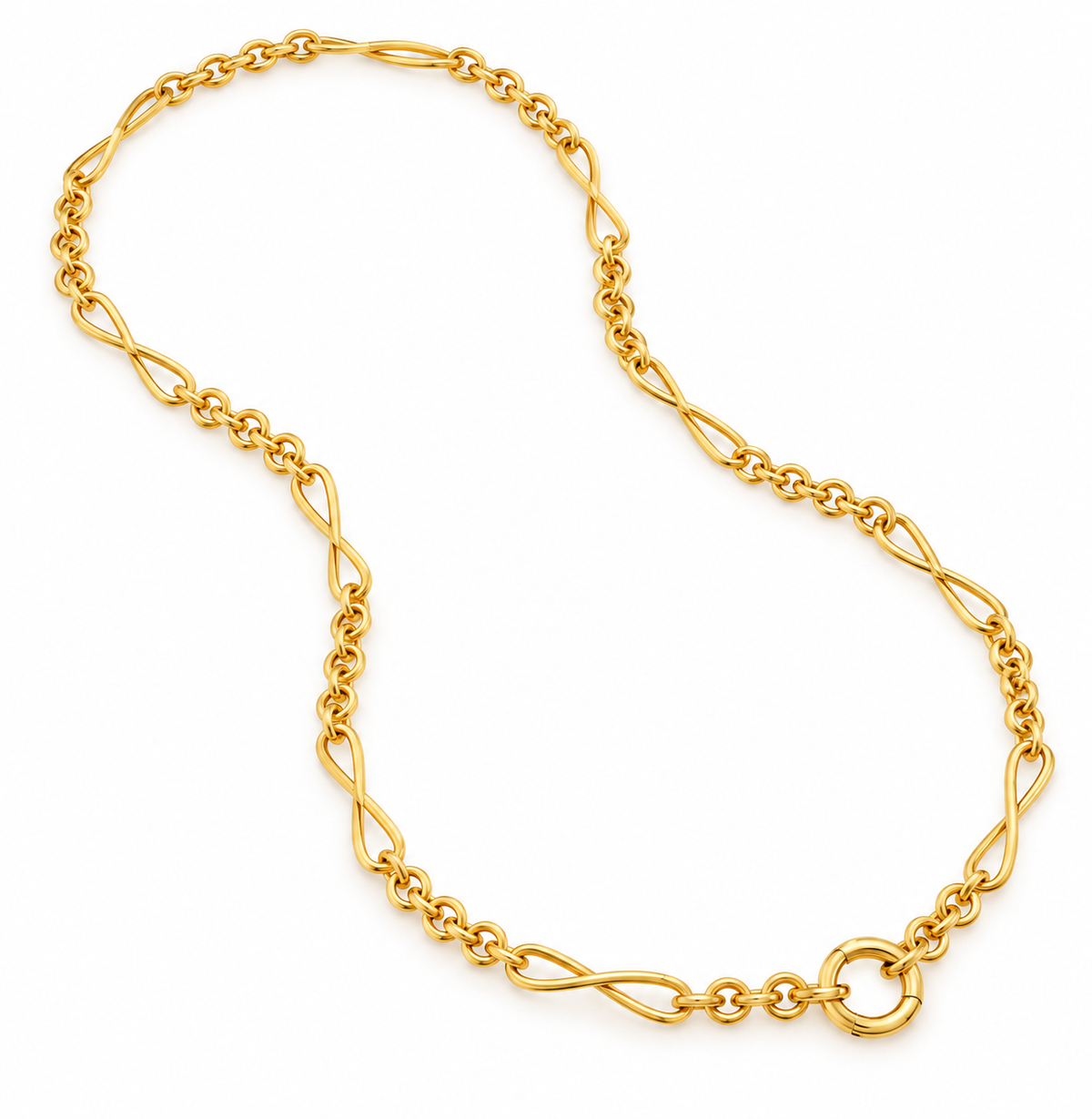 Midas 14K Yellow Gold Multi Shape Link Push Lock Necklace shown on white background.