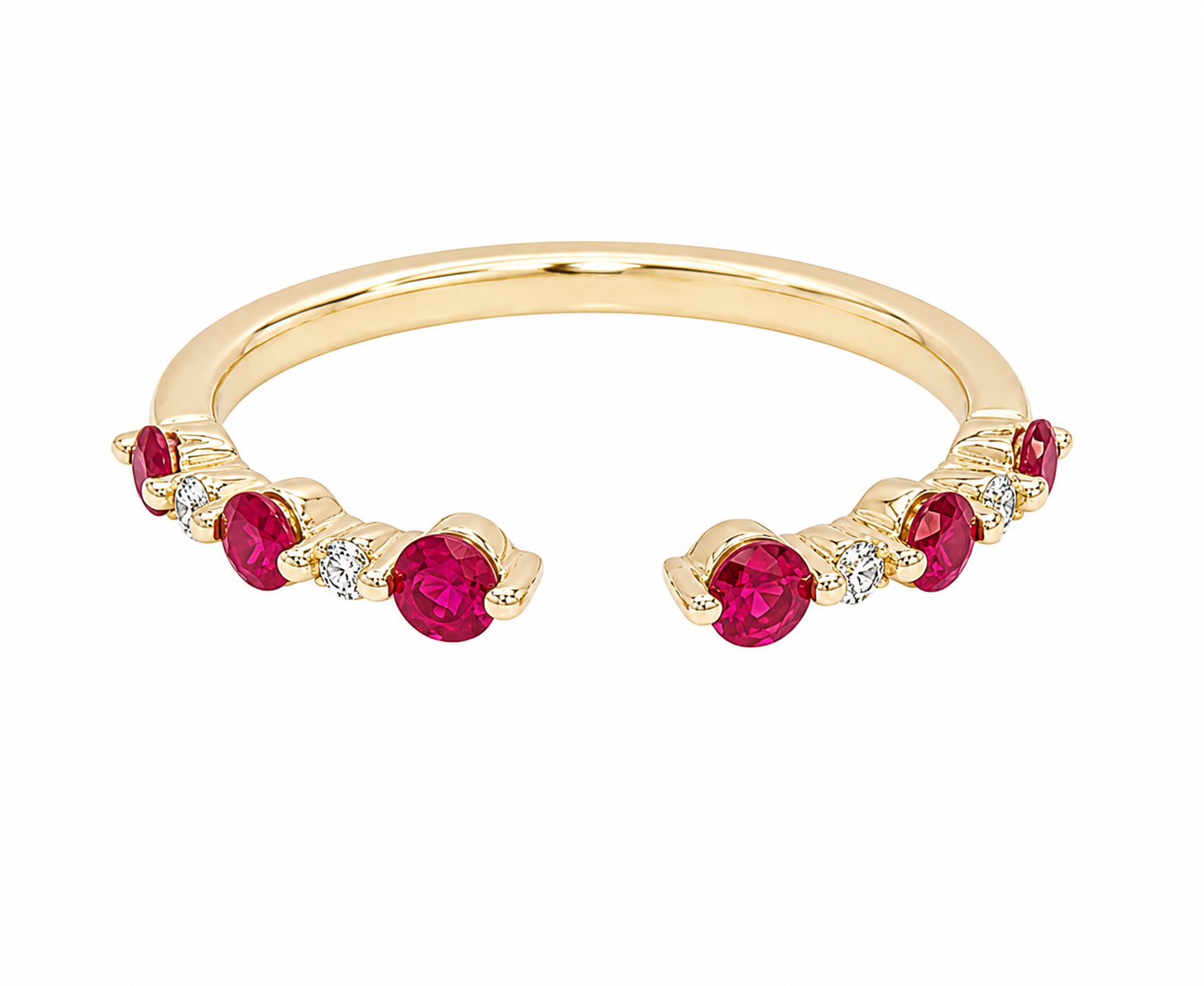 Ostbye 14K YG wrap band with 0.04ctw diamonds & 0.42ctw rubies, shown on a white background.