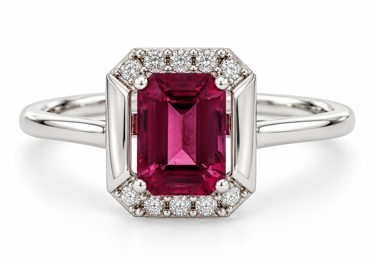 An octagonal white gold ring featuring a large emerald-cut pinkish-red center stone surrounded by a halo of small clear stone.