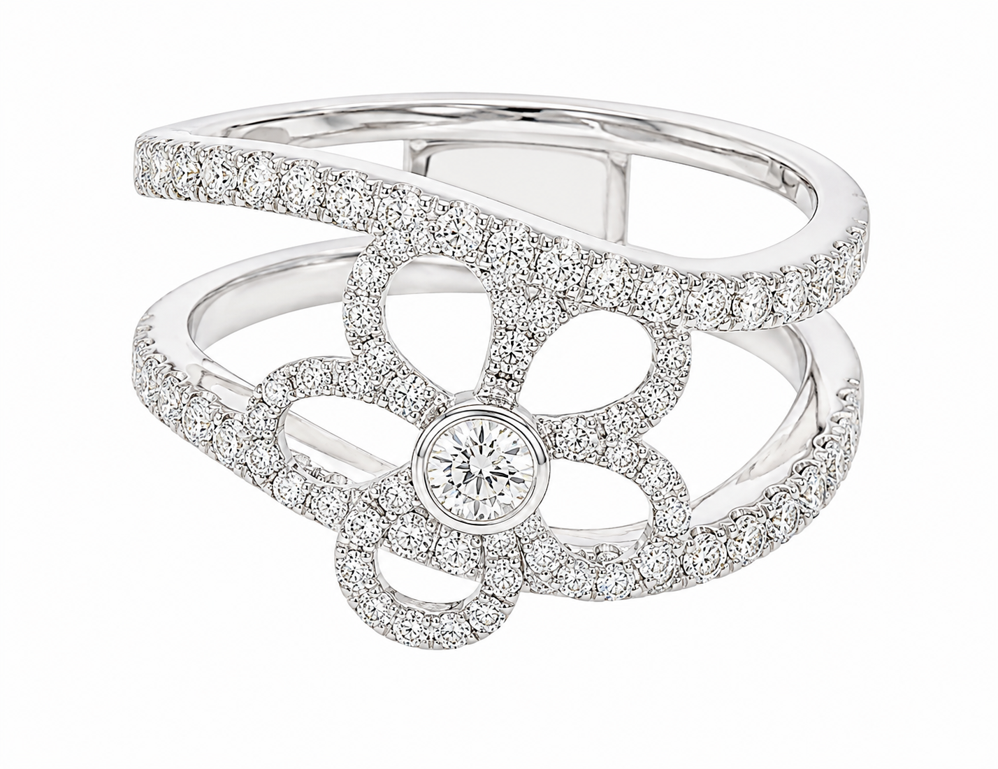Venetti 14K White Gold Flower Diamond Ring featuring a round center diamond on a white background.
