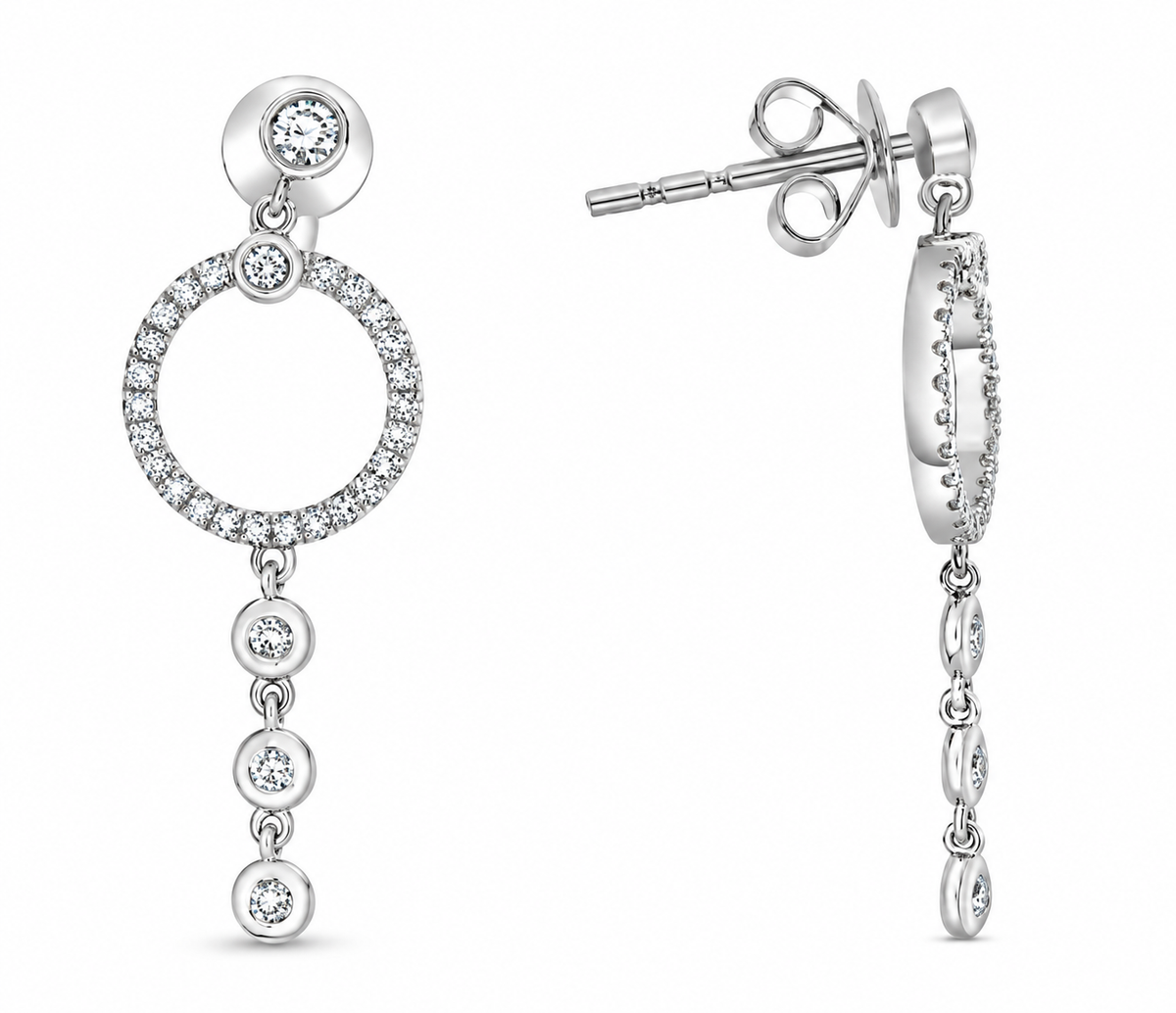 14K White Gold Diamond Circle Drop Earrings