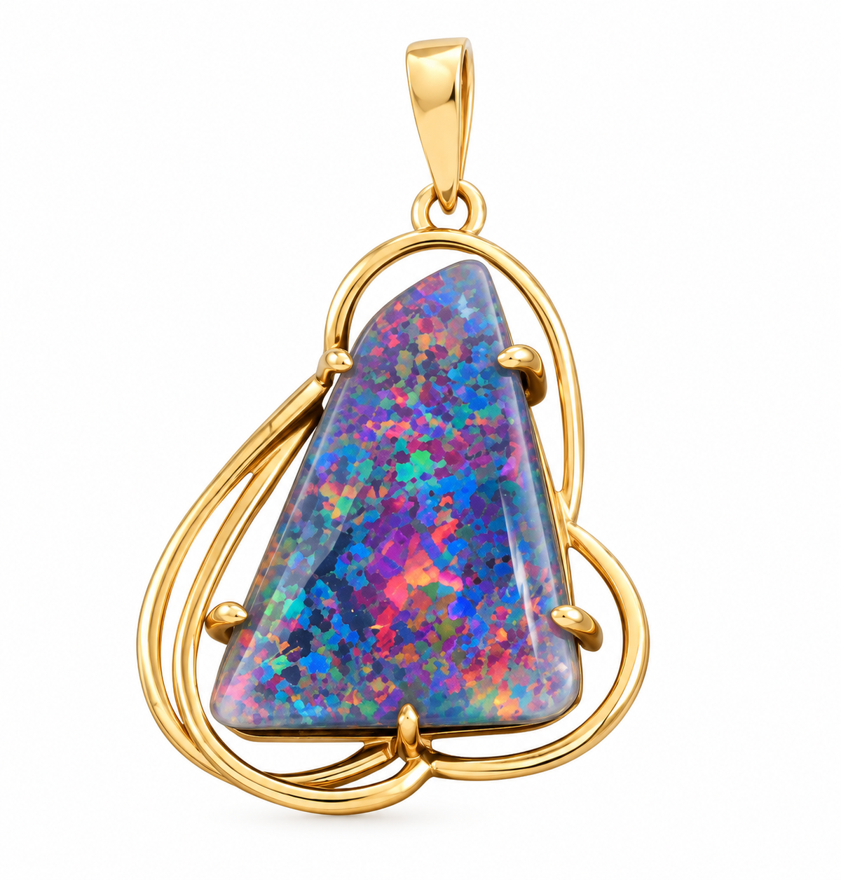 Kent Island Jewelry Estate 10K Yellow Gold Opal Doublet Pendant with abstract frame and vibrant multicolored opal.