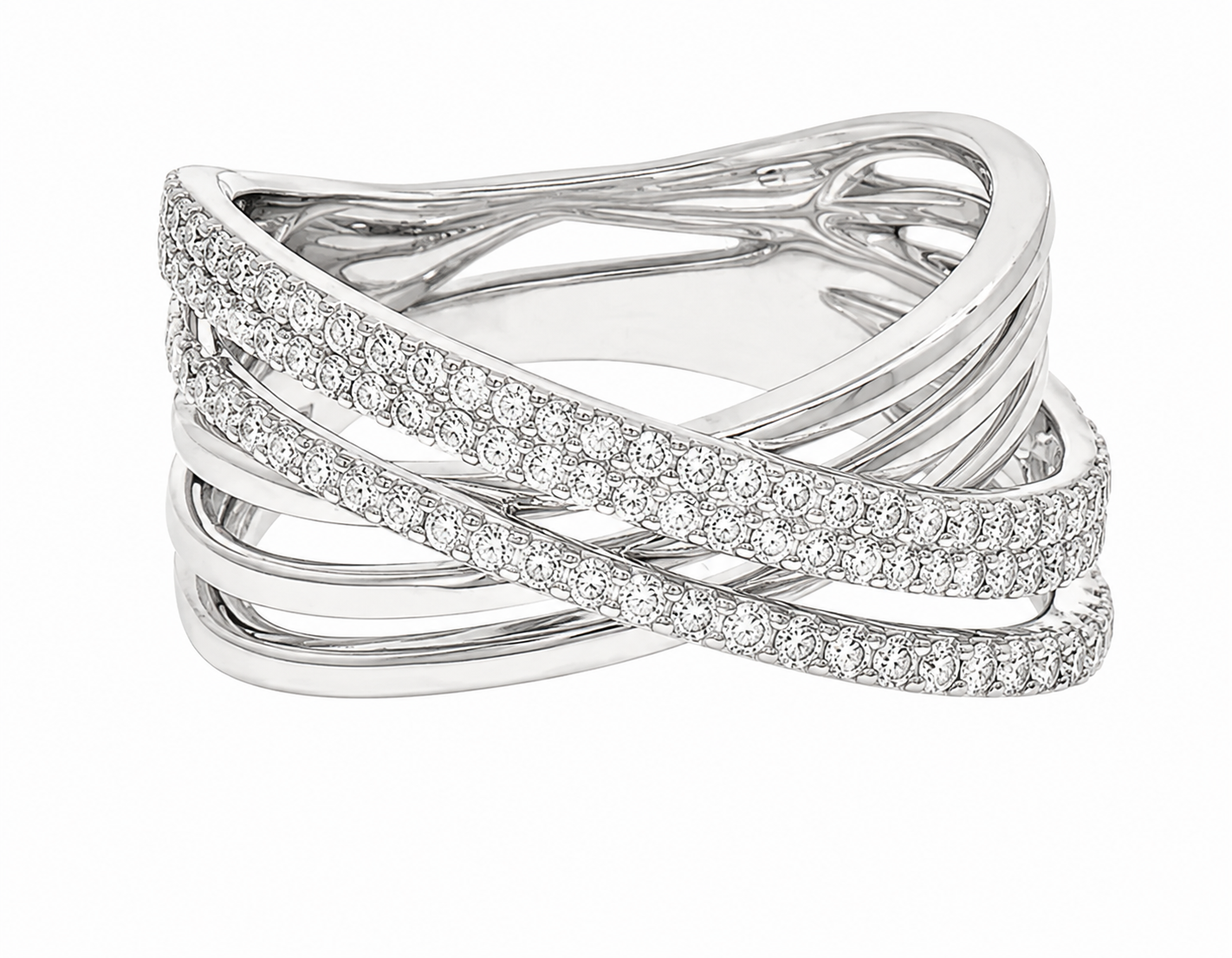 Venetti 18K White Gold Diamond Crossover Ring with overlapping bands, two sparkling with diamonds.