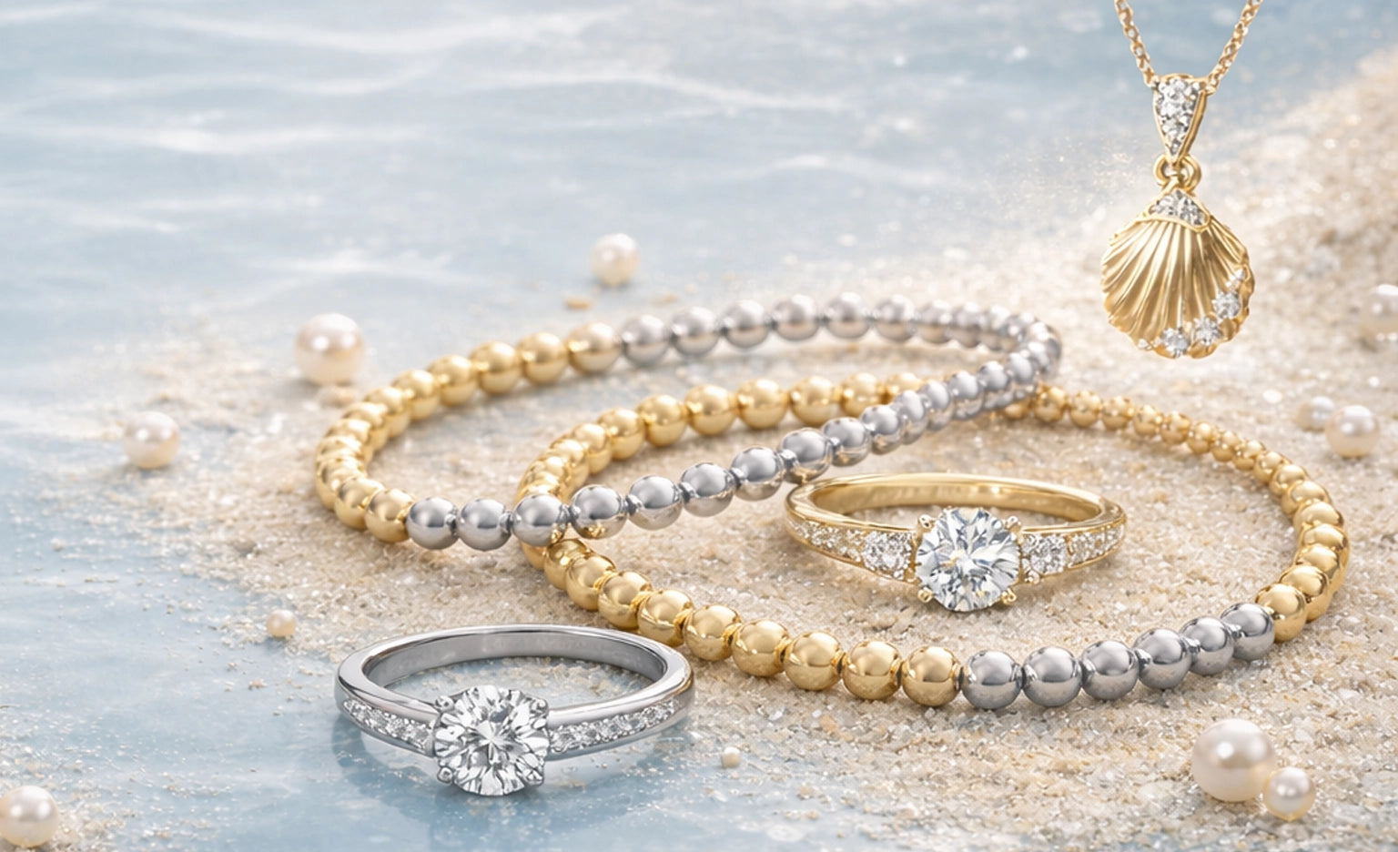 A collection of silver and gold jewelry with diamond accents scattered across sandy beach scenery