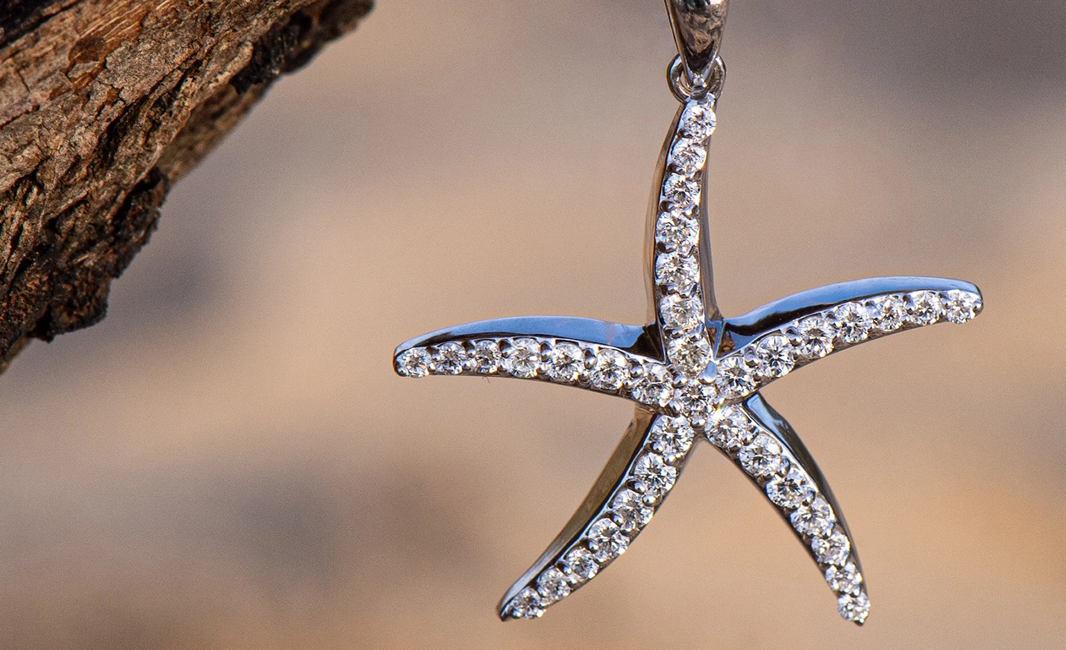 Starfish-shaped pendant with diamond accents hanging from driftwood