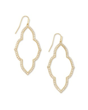 Kendra Scott ABBIE OPEN FRAME EARRINGS GOLD METAL feature ornate shapes with sparkling stones for elegant style.
