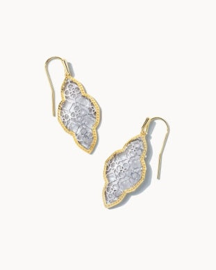 Kendra Scott ABBIE DROP EARRINGS GOLD - RHODIUM MIX with etched frame, silver filigree on a white background.