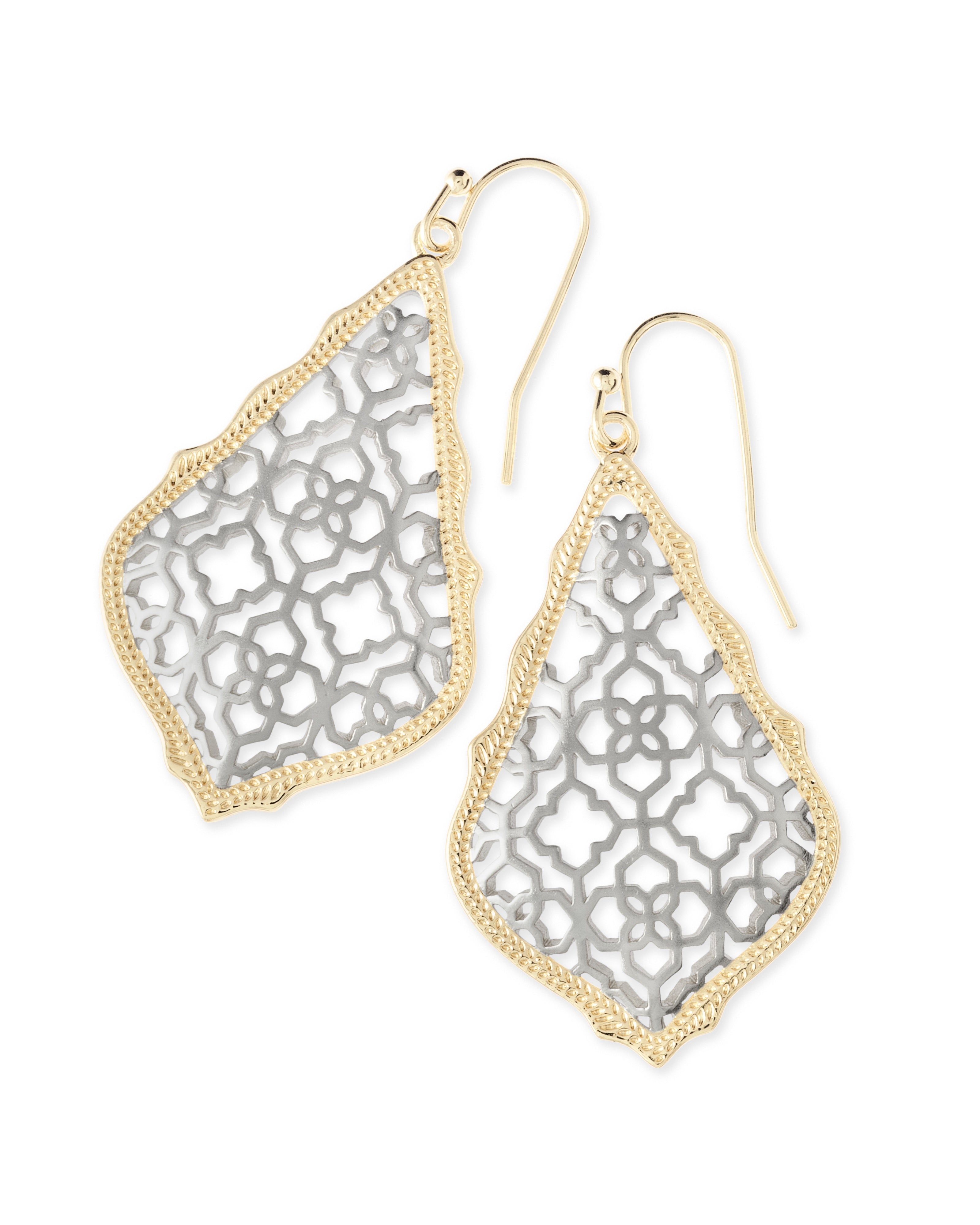 Kendra Scott Addie Earrings in gold and rhodium filigree mix feature a geometric design with scalloped edges.