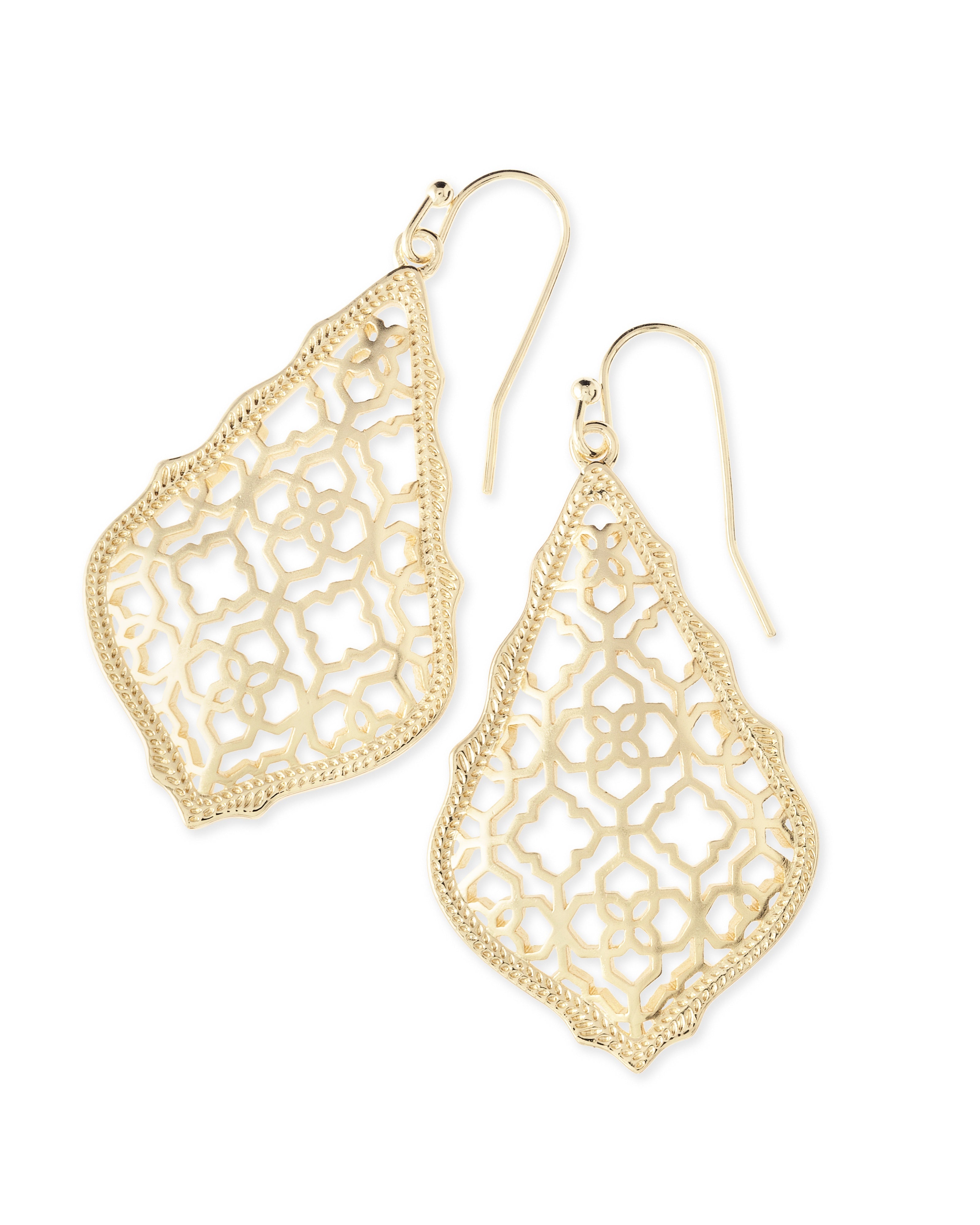 Kendra Scott Addie Gold Filigree Metal Earrings with intricate floral and geometric cut-out patterns.