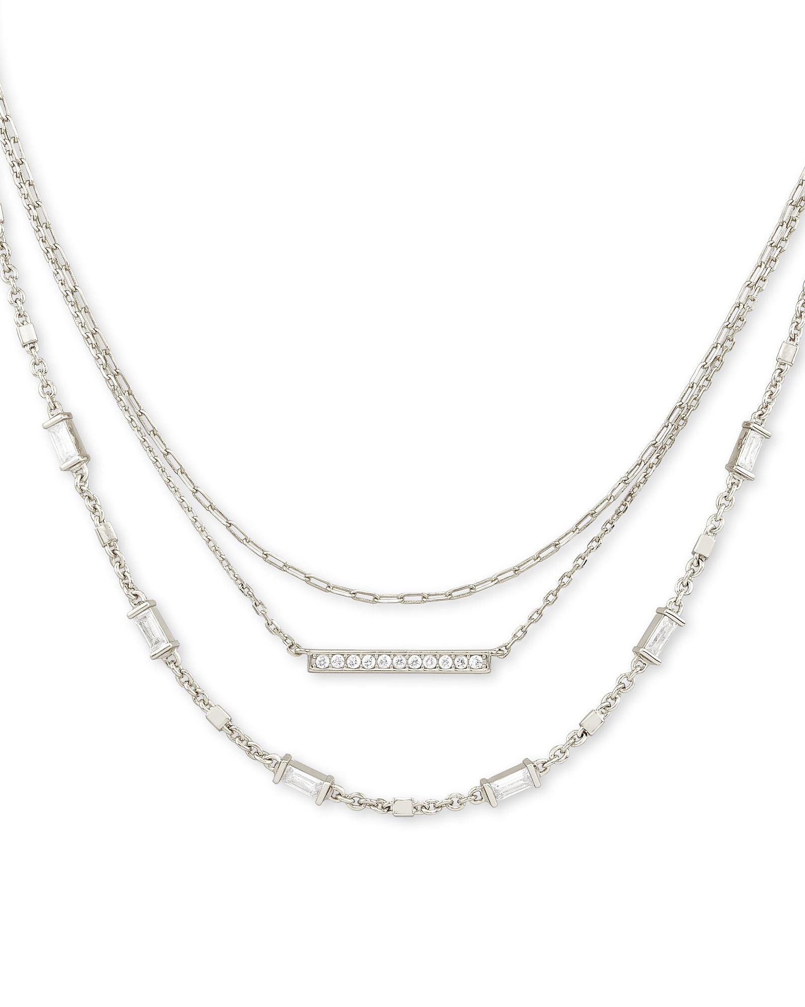 Kendra Scott Addison Multi Strand Necklace in rhodium features three layers with unique chain links and sparkling stones.